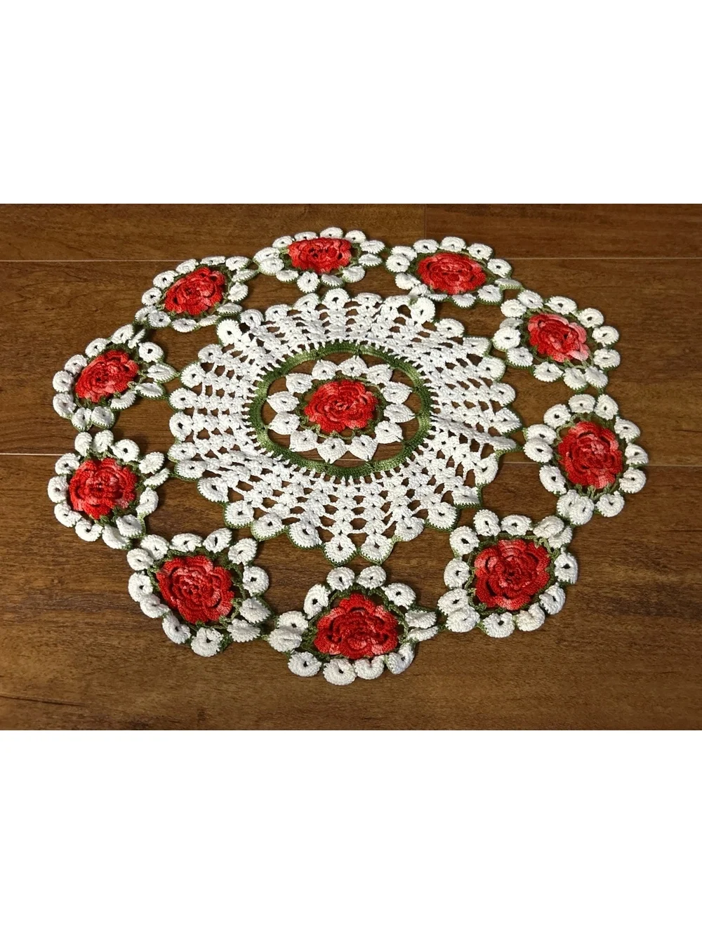 Set of 2 Handmade Crochet Doilies with Red Rose Design